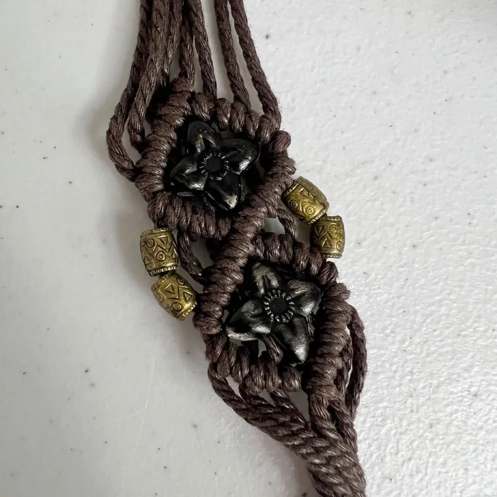 Brown Woven Boho Tie Belt Flower Beads Women's Size S / M (See Measurements)
